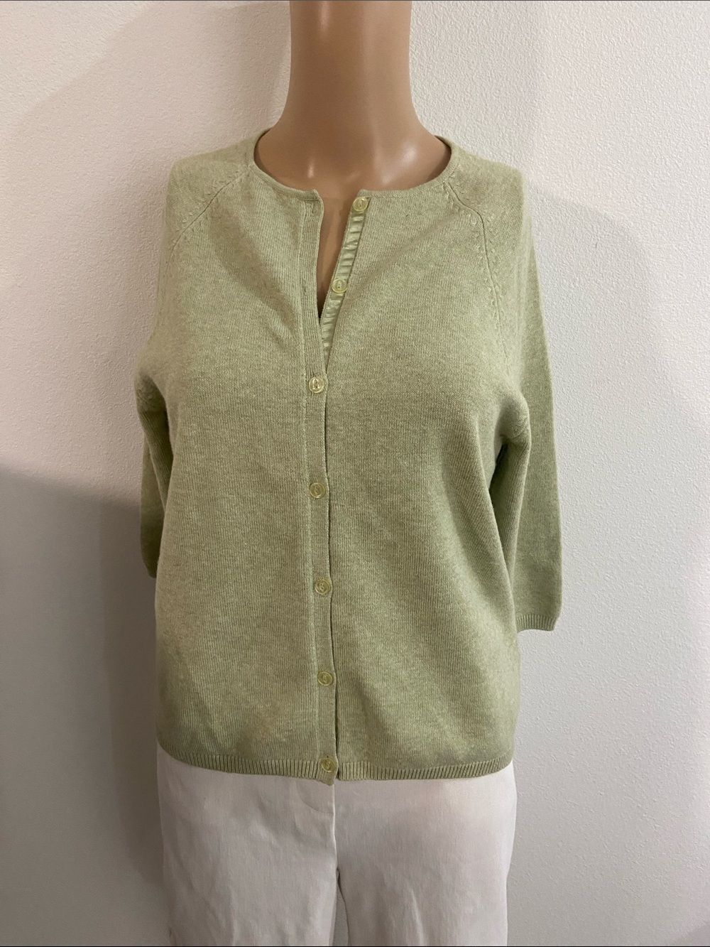 VTG Liz Claiborn Lizsport Cotton blend knit cardigan in light sage green Sz S